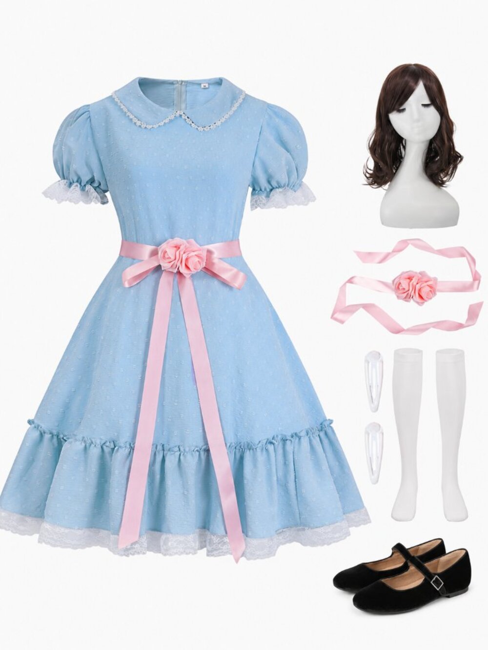 The Shining Grady Twins Cosplay Costume Blue Dress Wig Stockings & Shoes
